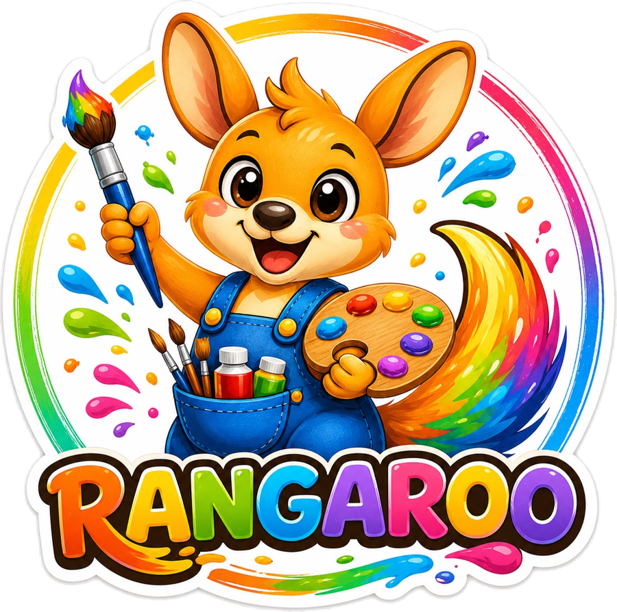 Rangaroo mascot holding a paintbrush — paint, play, create