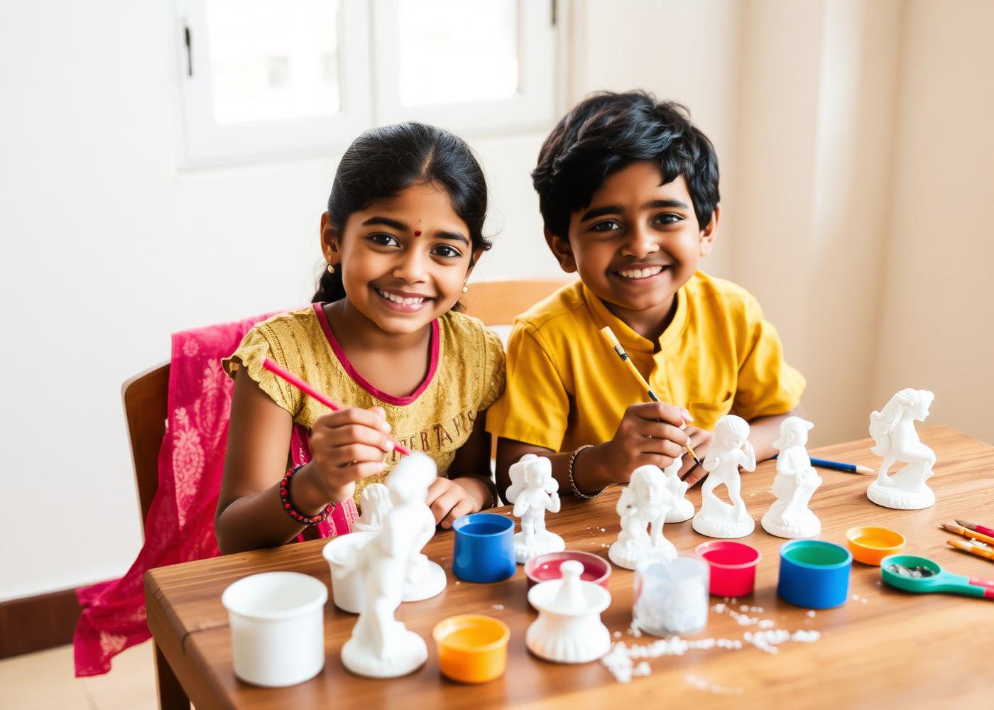Two children painting plaster figurines at a kitchen table